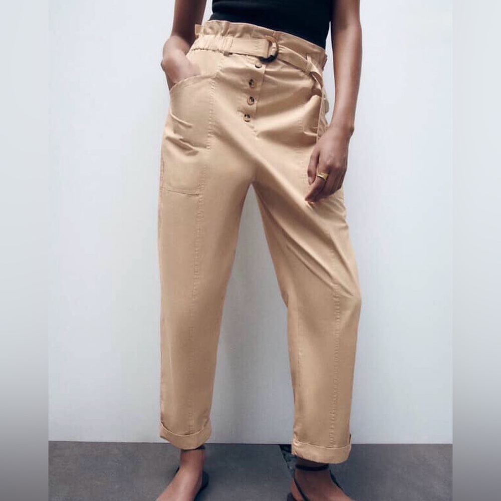 Zara Tan Paper-Bag  Elastic-Waist Pants, Size M